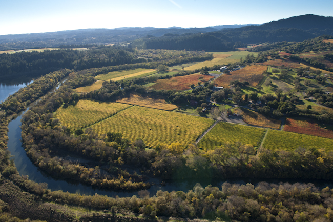 Russian River winds through Sonoma vineyards on a brilliant fall day.