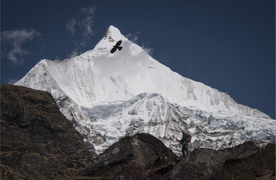Trekker & crow in silhouette against the spectacular 23,000 foot Himalayan peak of Jichu Drake 