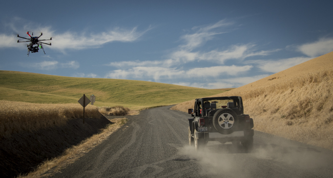 RC Heli chasing jeep at 40 mph for views driving through Spring Valley Vineyards, Walla Walla